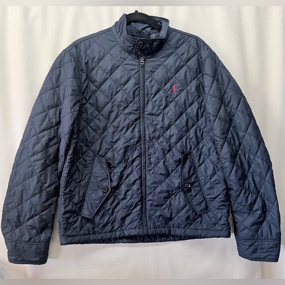 Polo Ralph Lauren Blue Diamond Quilted Red Logo Full Zip Lightweight Jacket M